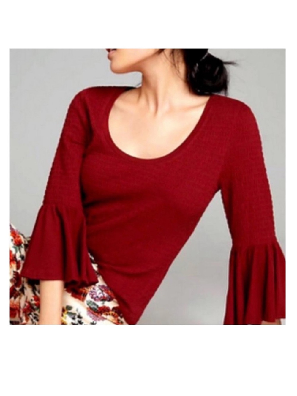 Anthropologie Textured Scoop Neck Long Sleeve Top - Burgundy, Wine Red
